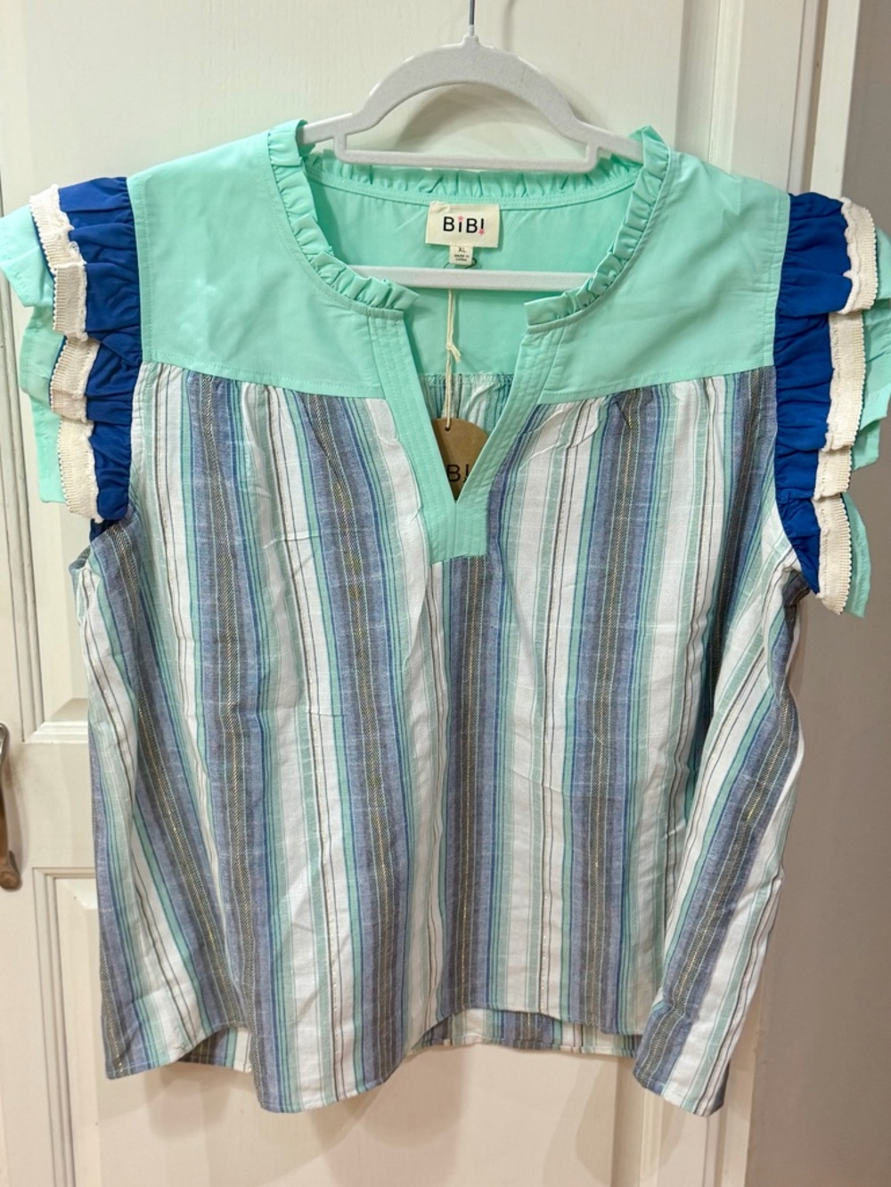 BiBi Mint, Blue & White Striped Ruffle Sleeve Blouse